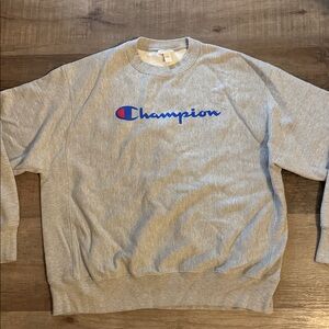 Champion Crewneck Sweatshirt in Gray with Blue & Red Logo